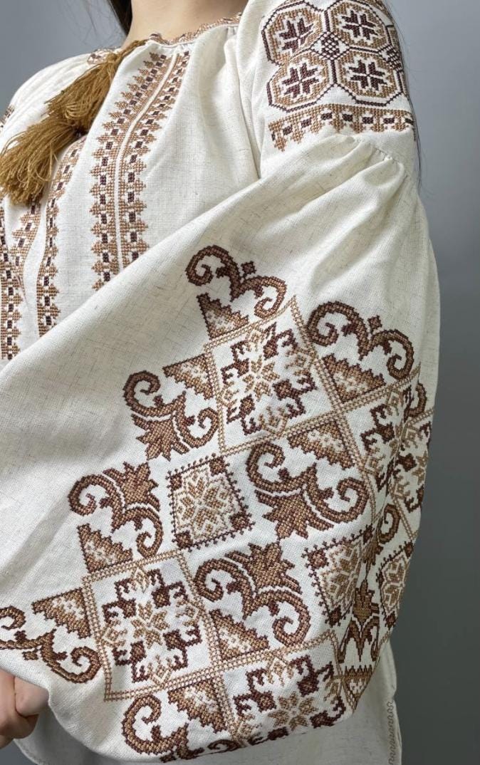 Handcrafted Peasant Top, Beige and Brown Shirt, Ukrainian Clothing, Modern Folk Blouse, Zero Waste Gift, Matching Family Look, Artisan