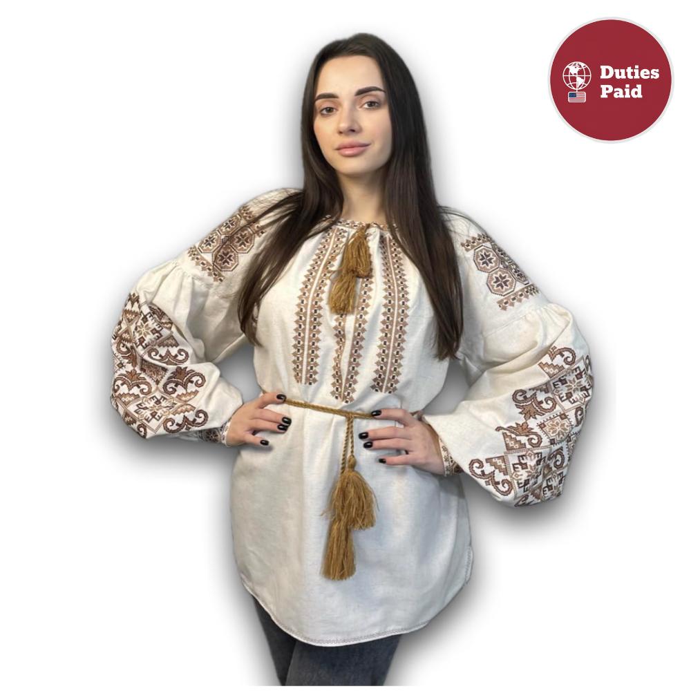 Handcrafted Peasant Top, Beige and Brown Shirt, Ukrainian Clothing, Modern Folk Blouse, Zero Waste Gift, Matching Family Look, Artisan