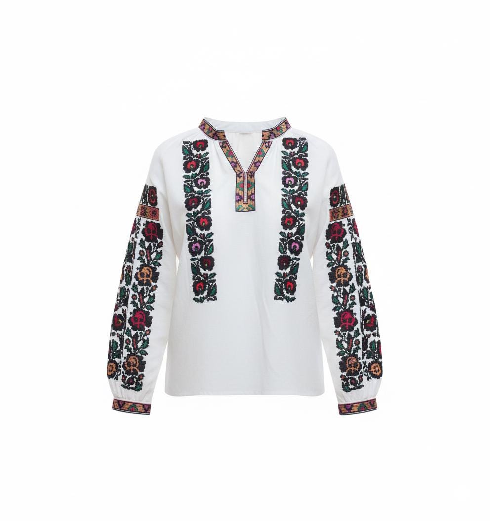 Borshchiv Style Blouse, Black Floral Embroidery, Ukrainian Easter Top, Linen Blend Shirt, Modern Folk Clothing, Custom Size, Artisan Made