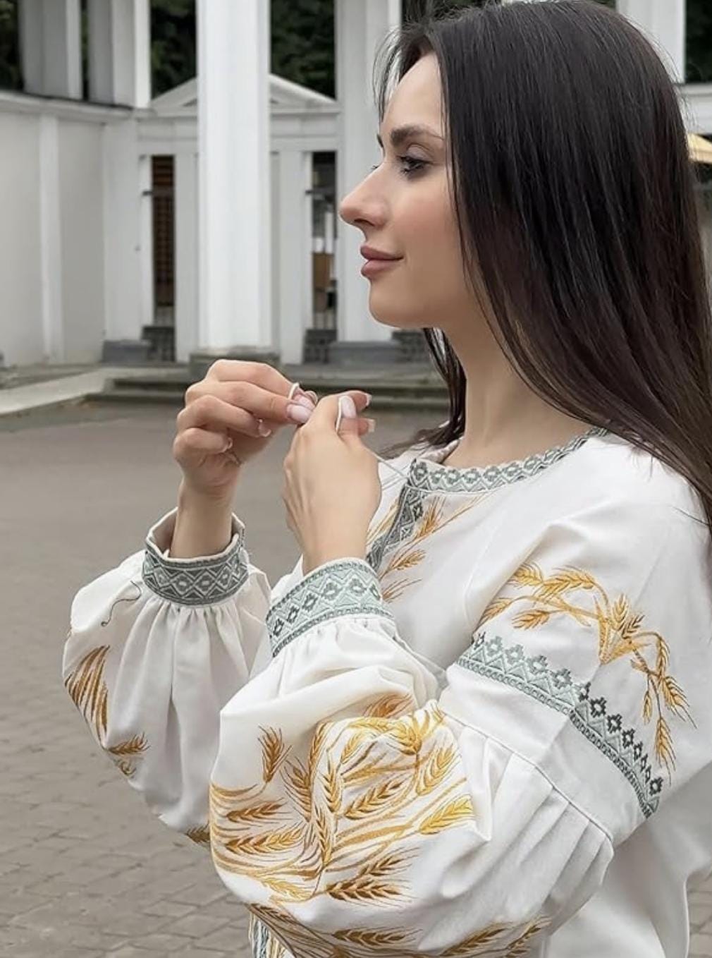 Ukrainian Vyshyvanka Blouse – Ivory Linen Embroidered Shirt with Golden Wheat and Green Trim, Folk Boho Ethno Clothing