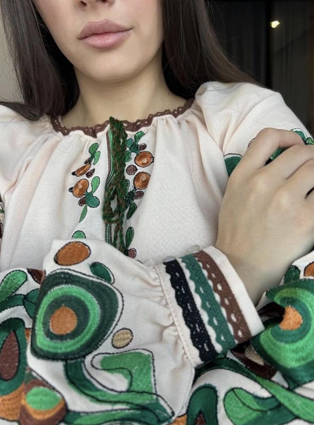 Kosiv Ceramic Style Blouse, Green and Brown Embroidery, Ukrainian Vyshyvanka, Soft Linen Blend Top, Custom Fit, Folk Art Shirt