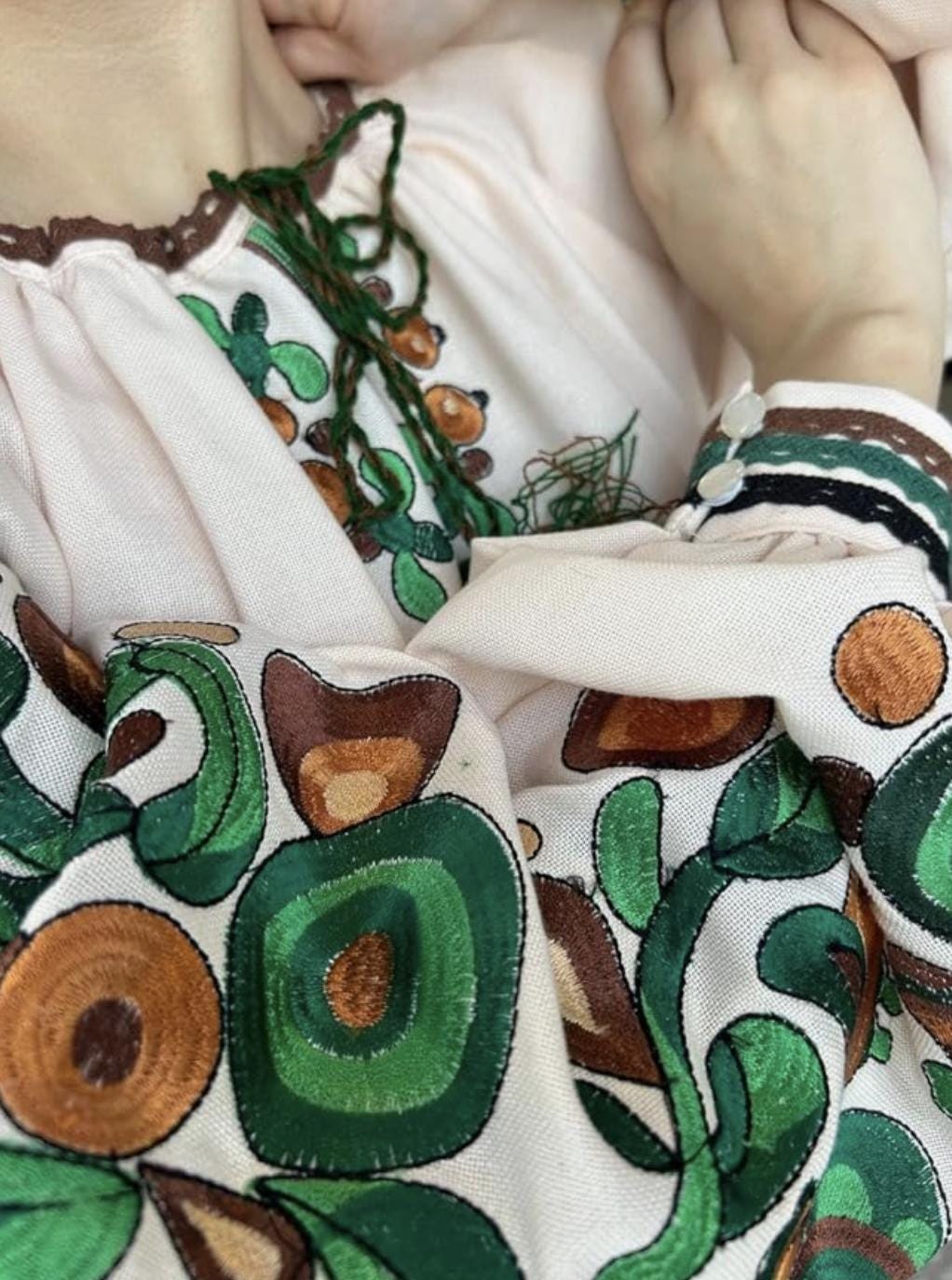 Kosiv Ceramic Style Blouse, Green and Brown Embroidery, Ukrainian Vyshyvanka, Soft Linen Blend Top, Custom Fit, Folk Art Shirt