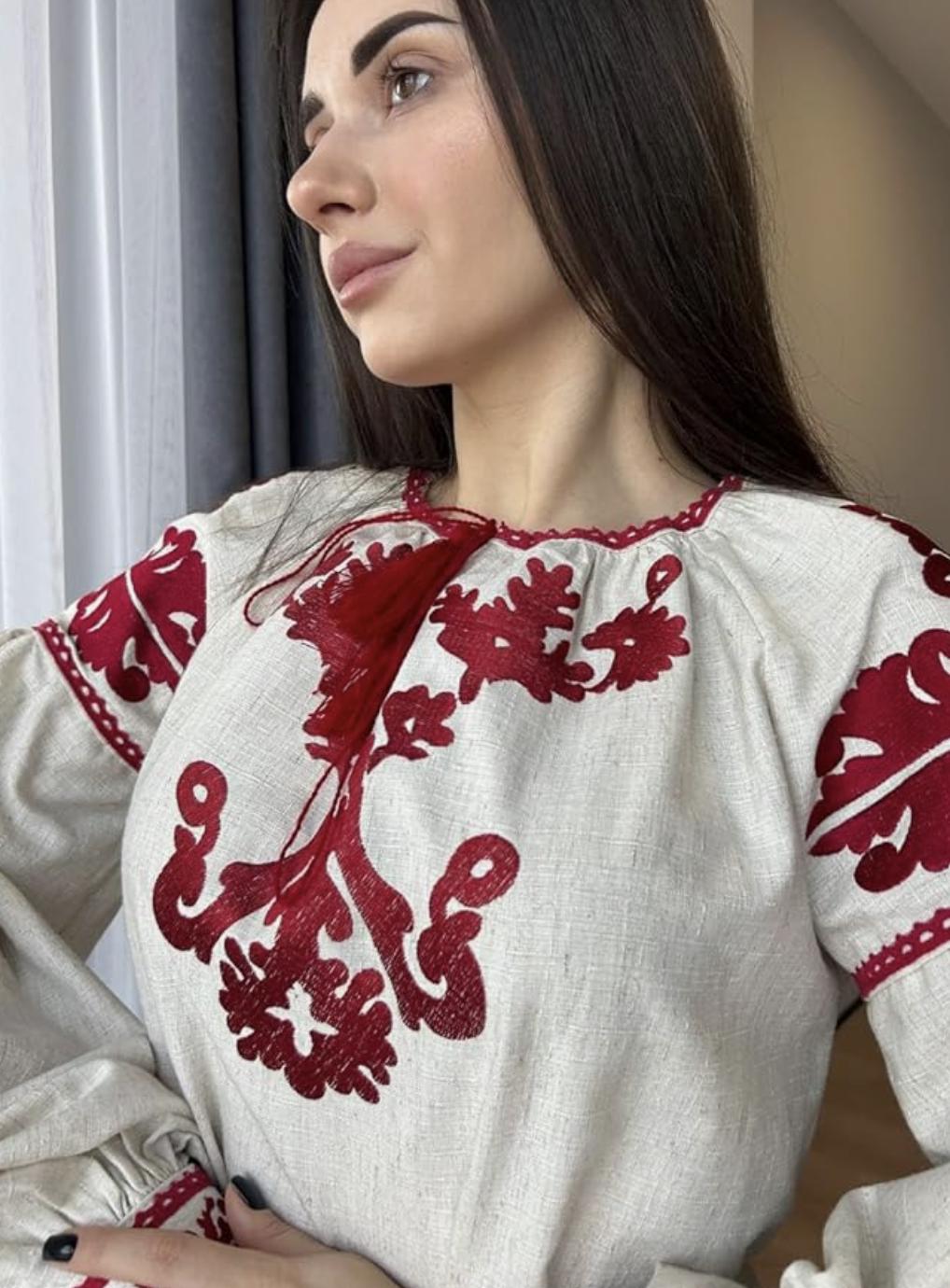 Beige Linen Blend Blouse, Red Tree of Life Embroidery, Ukrainian Vyshyvanka, Boho Peasant Top, Custom Fit Shirt, Folk Art Tunic, Gift