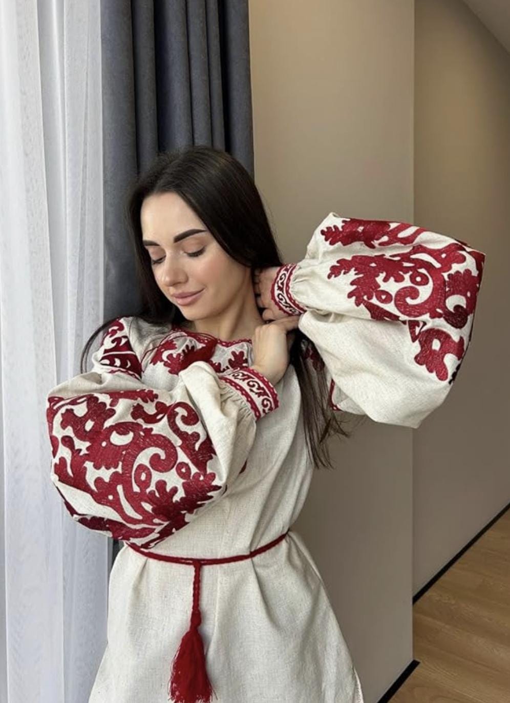 Beige Linen Blend Blouse, Red Tree of Life Embroidery, Ukrainian Vyshyvanka, Boho Peasant Top, Custom Fit Shirt, Folk Art Tunic, Gift