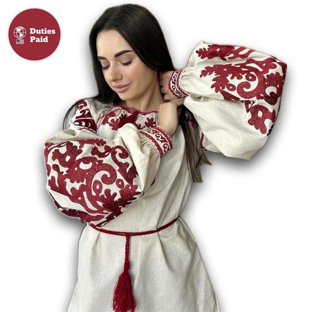 Beige Linen Blend Blouse, Red Tree of Life Embroidery, Ukrainian Vyshyvanka, Boho Peasant Top, Custom Fit Shirt, Folk Art Tunic, Gift