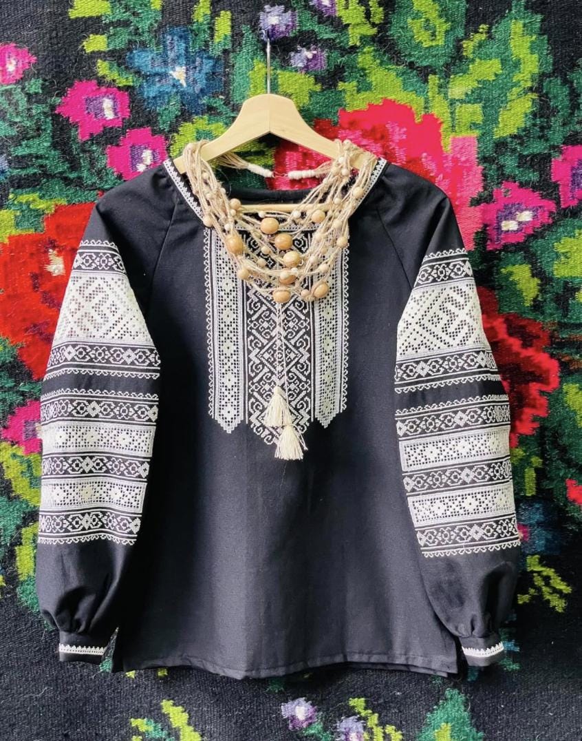 Black Ukrainian Vyshyvanka Blouse with Ivory Lace Embroidery | Ethnic Boho Folk Shirt | Handmade Artisan Top