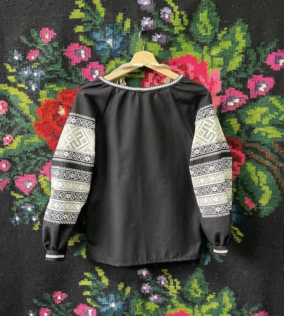 Black Ukrainian Vyshyvanka Blouse with Ivory Lace Embroidery | Ethnic Boho Folk Shirt | Handmade Artisan Top