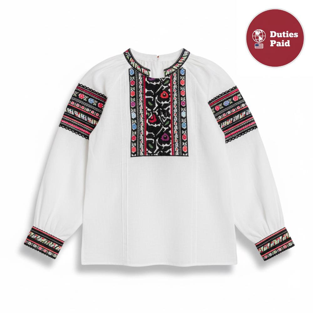 Borshchiv Style Blouse, Linen Cotton Vyshyvanka, Black Embroidery, Button Back Shirt, Ukrainian Folk Top, Custom Size, Matching Couple