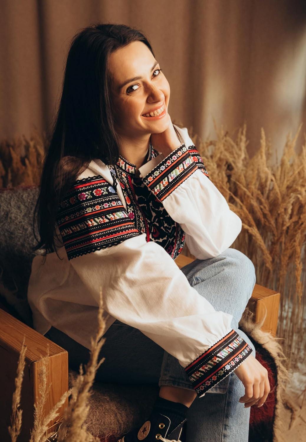 Borshchiv Style Blouse, Linen Cotton Vyshyvanka, Black Embroidery, Button Back Shirt, Ukrainian Folk Top, Custom Size, Matching Couple
