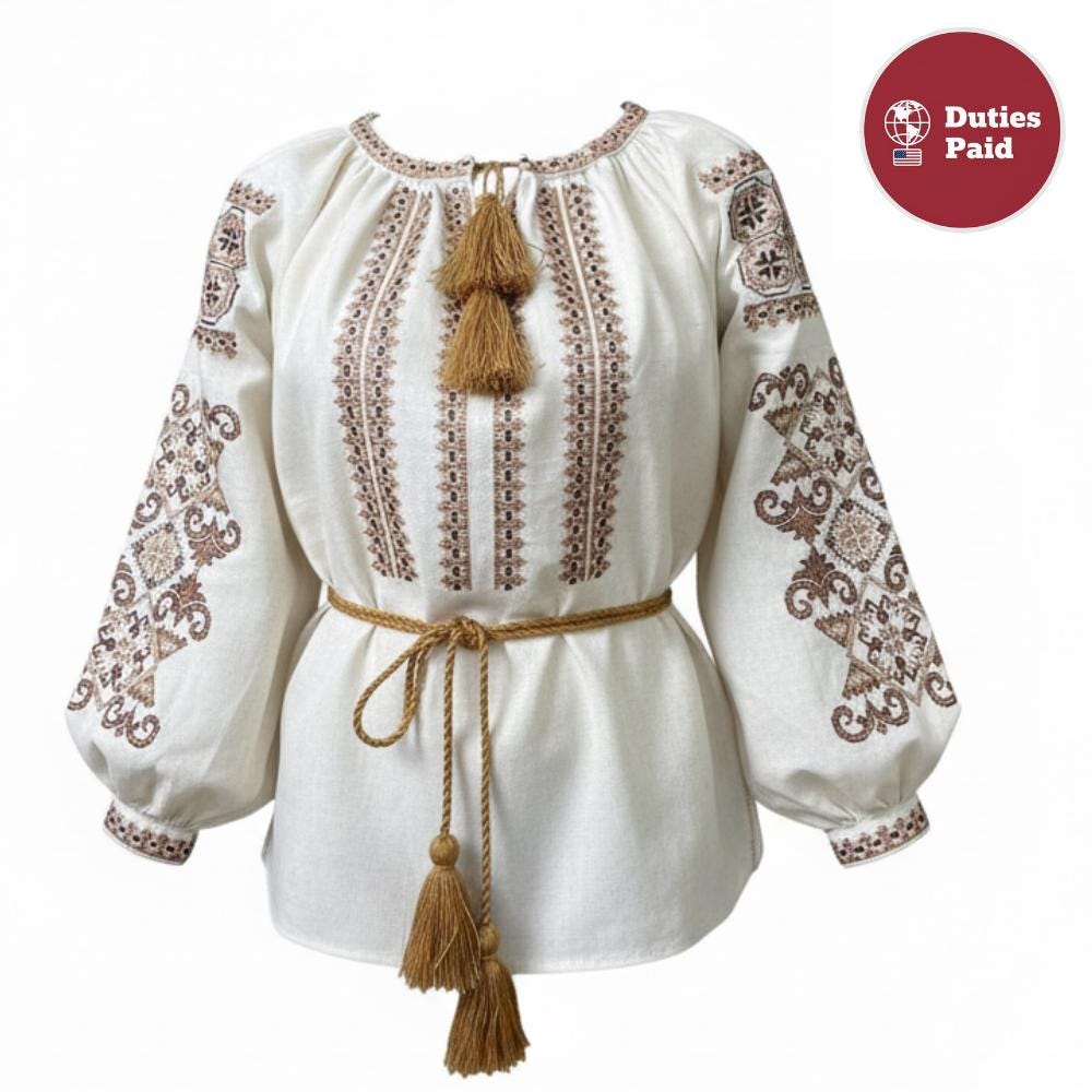 Handcrafted Peasant Top, Beige and Brown Shirt, Ukrainian Clothing, Modern Folk Blouse, Zero Waste Gift, Matching Family Look, Artisan