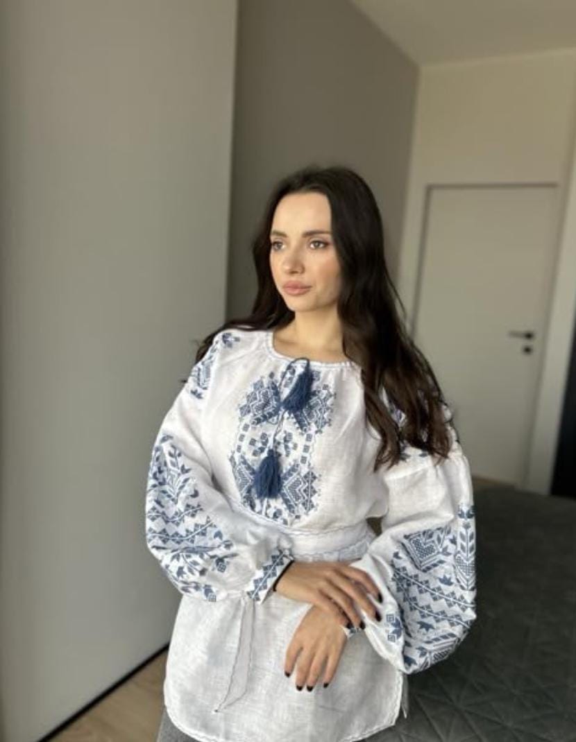 Blue Embroidered Top, 100% Linen Boho Shirt, Belted Tunic, Folk Peasant Blouse, Custom Fit, Matching Couple Set