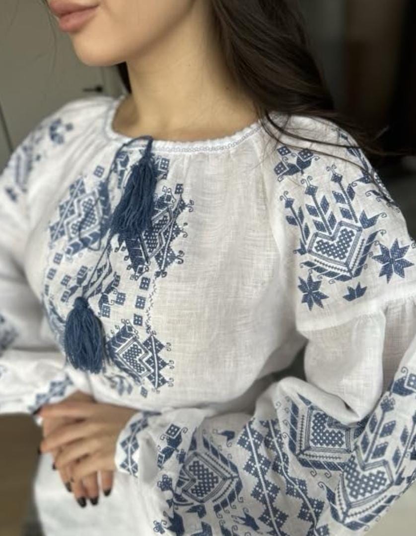 Blue Embroidered Top, 100% Linen Boho Shirt, Belted Tunic, Folk Peasant Blouse, Custom Fit, Matching Couple Set