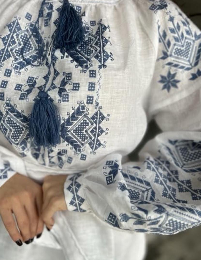 Blue Embroidered Top, 100% Linen Boho Shirt, Belted Tunic, Folk Peasant Blouse, Custom Fit, Matching Couple Set