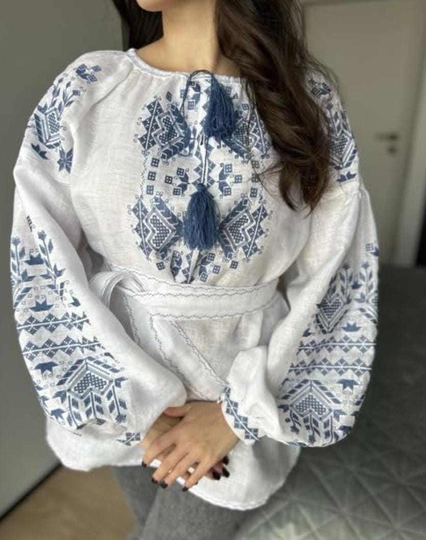 Blue Embroidered Top, 100% Linen Boho Shirt, Belted Tunic, Folk Peasant Blouse, Custom Fit, Matching Couple Set