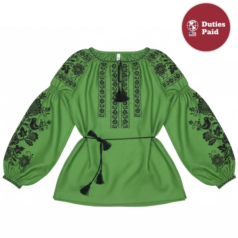 Green Boho Blouse, Black Bird Embroidery, Tree of Life Shirt, Ukrainian Vyshyvanka, Cotton Blend Tunic, Folk Festival Top, Custom Size Gift
