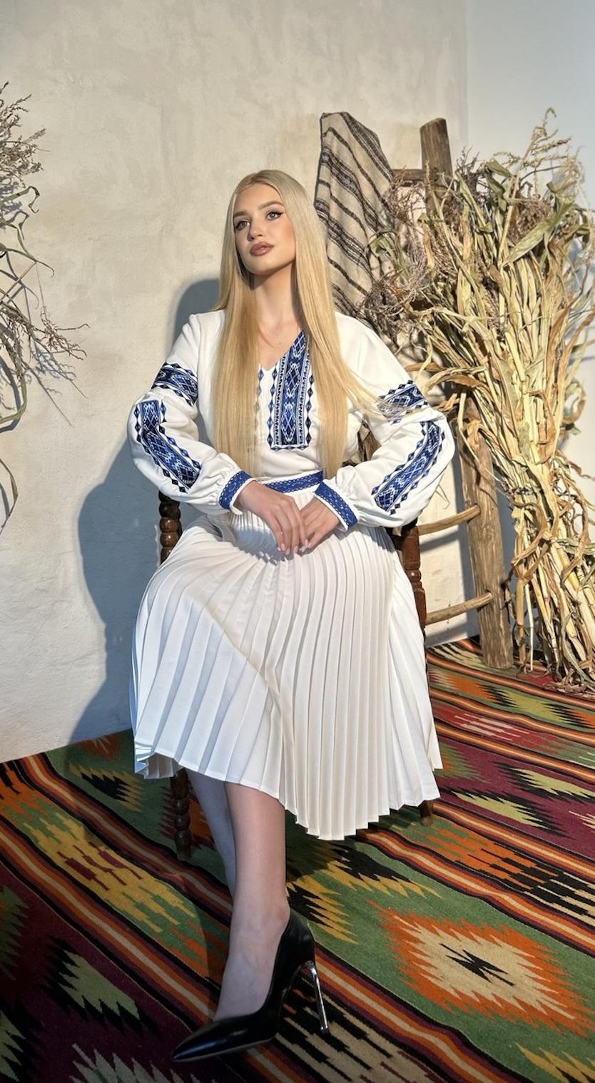 Blue Embroidered Vyshyvanka Dress – Pleated Midi