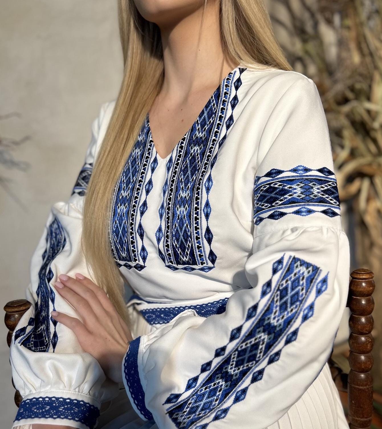 Blue Embroidered Vyshyvanka Dress – Pleated Midi