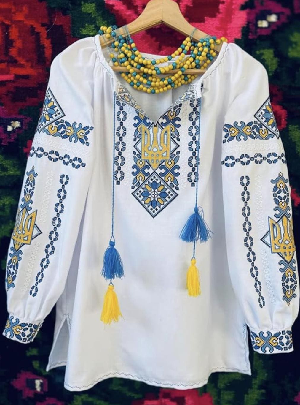 Handcrafted Patriotic Blouse, Ukraine Symbol Shirt, Yellow Blue Tassels, Modern Folk Top, Zero Waste Gift for Her, Wife, Mom, Artisan Made