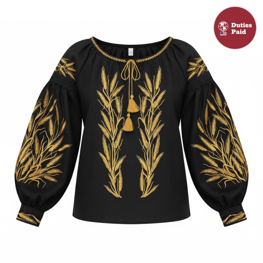 Elegant Boho Top, Black and Gold Embroidery, Wedding Guest Blouse, Eco Gift Packaging, Sustainable Fashion, Custom Fit Vyshyvanka, Artisan