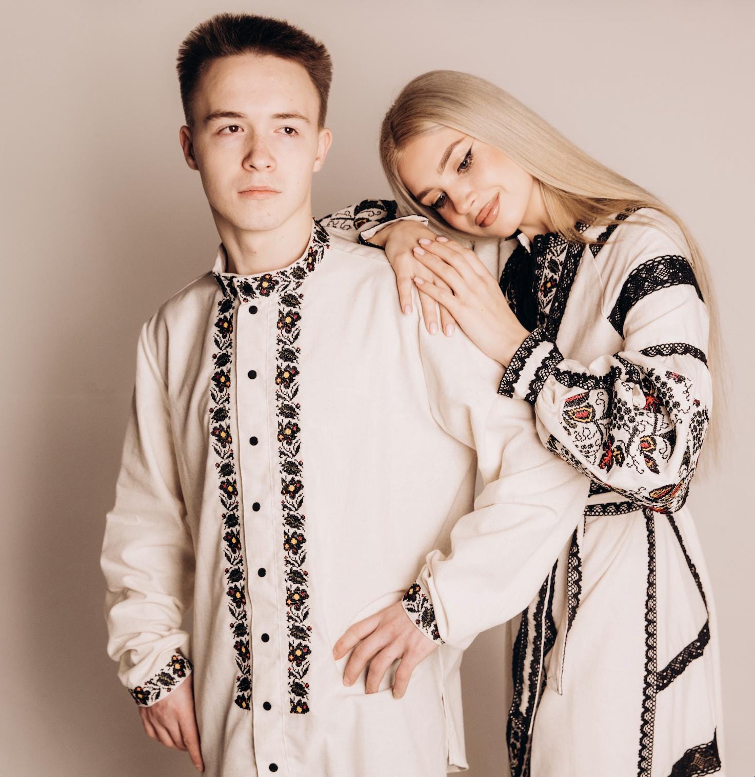 Men’s Ukrainian Embroidered Shirt | Beige Vyshyvanka | Traditional Podillia Pattern