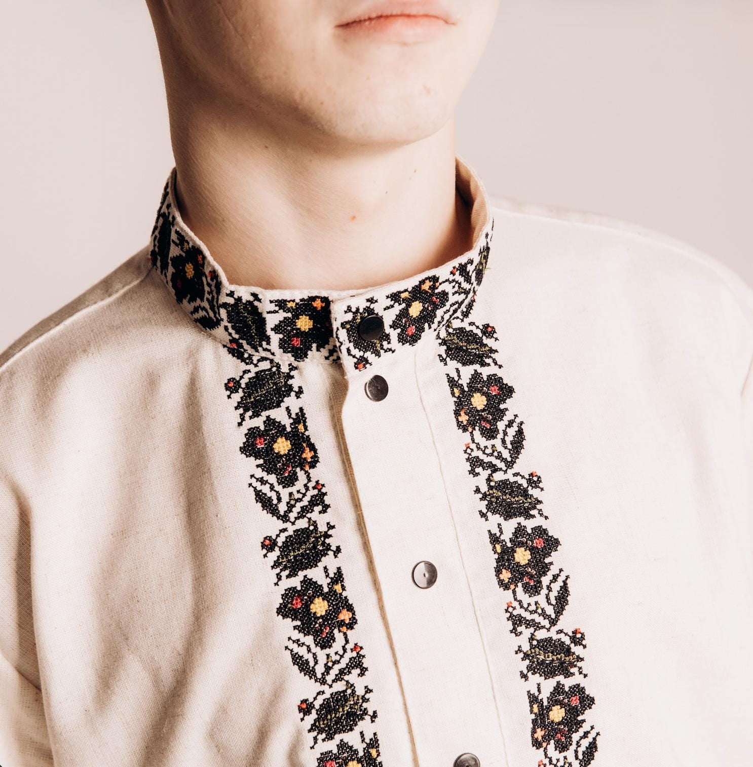 Men’s Ukrainian Embroidered Shirt | Beige Vyshyvanka | Traditional Podillia Pattern