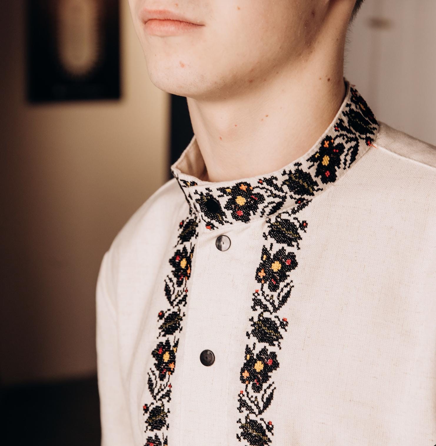 Men’s Ukrainian Embroidered Shirt | Beige Vyshyvanka | Traditional Podillia Pattern