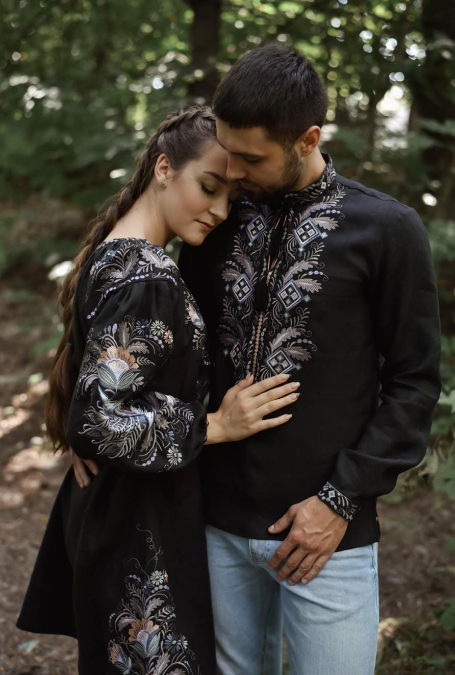 Black Linen Vyshyvanka Blouse | Hand Embroidered Ukrainian Shirt | Petrikivka Floral Embroidery