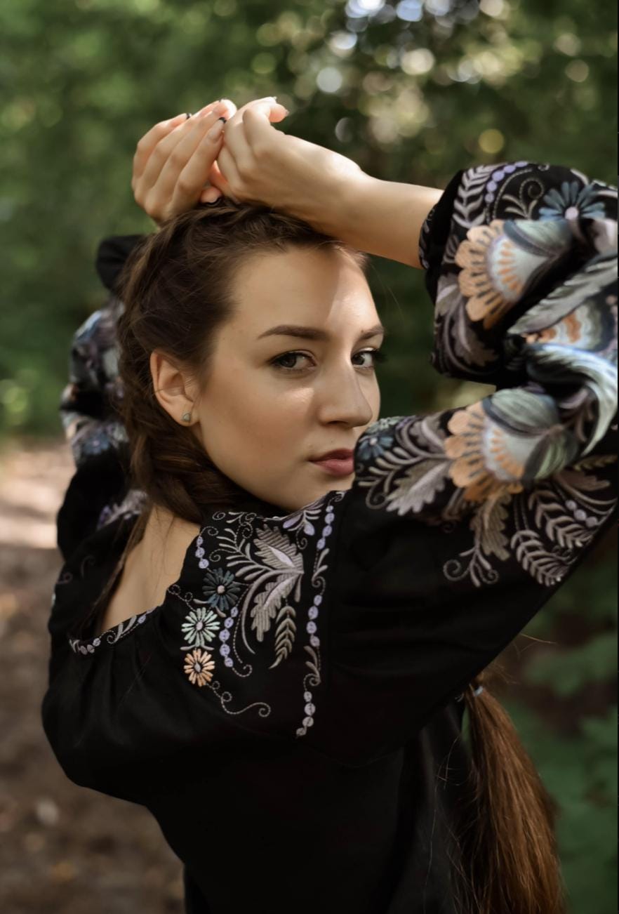 Black Linen Vyshyvanka Blouse | Hand Embroidered Ukrainian Shirt | Petrikivka Floral Embroidery