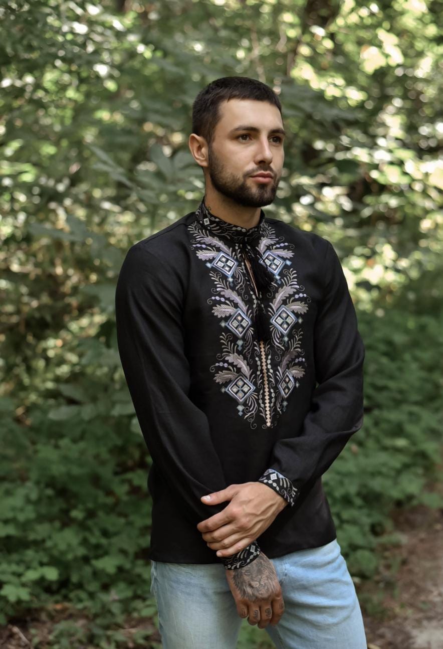 Men's Black Linen Vyshyvanka Shirt: Petrikivka Floral Embroidery