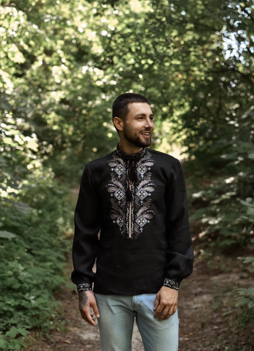 Men's Black Linen Vyshyvanka Shirt: Petrikivka Floral Embroidery
