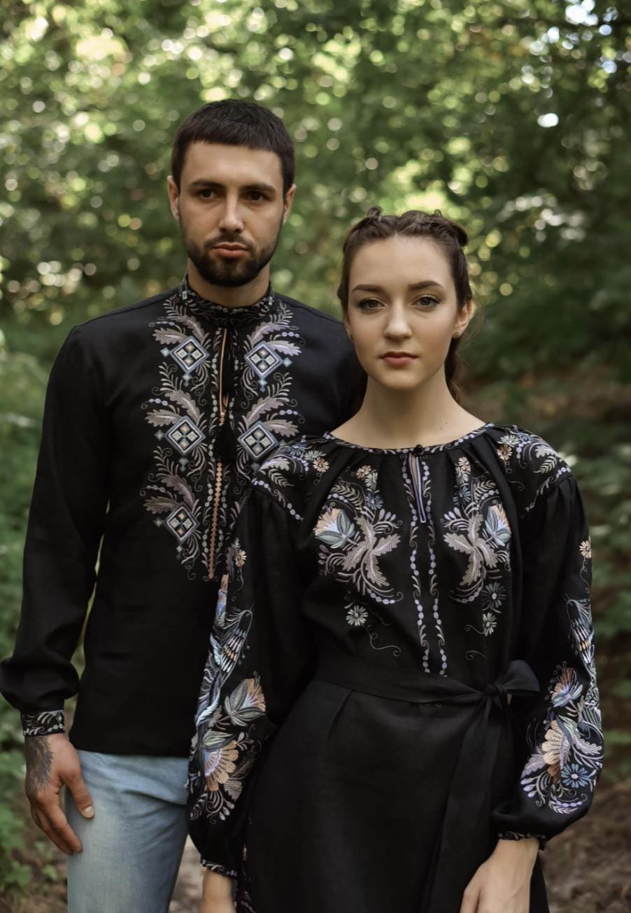 Men's Black Linen Vyshyvanka Shirt: Petrikivka Floral Embroidery