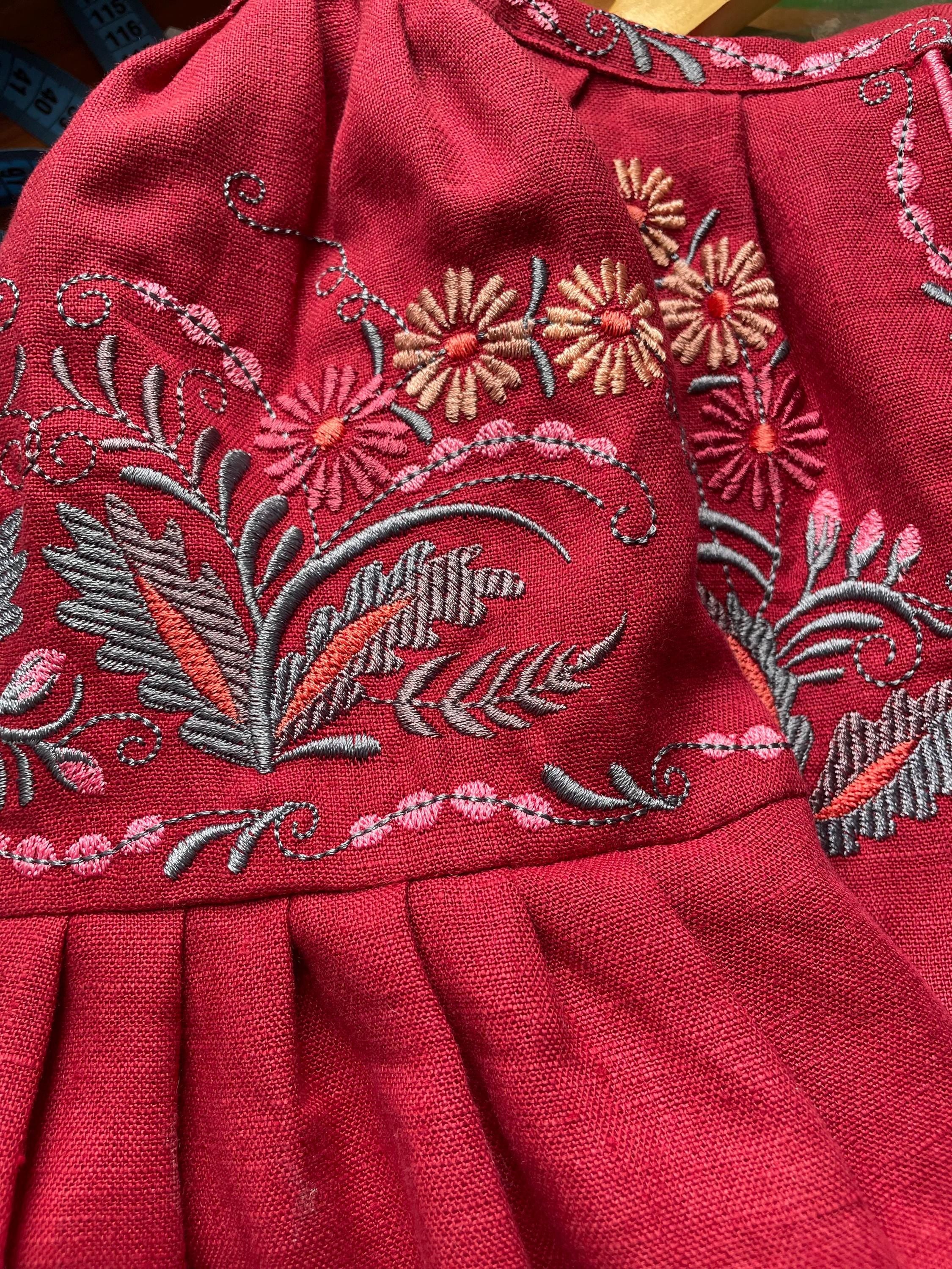 Burgundy Linen Vyshyvanka Blouse | Embroidered Ukrainian Shirt | Petrikivka Floral Embroidery