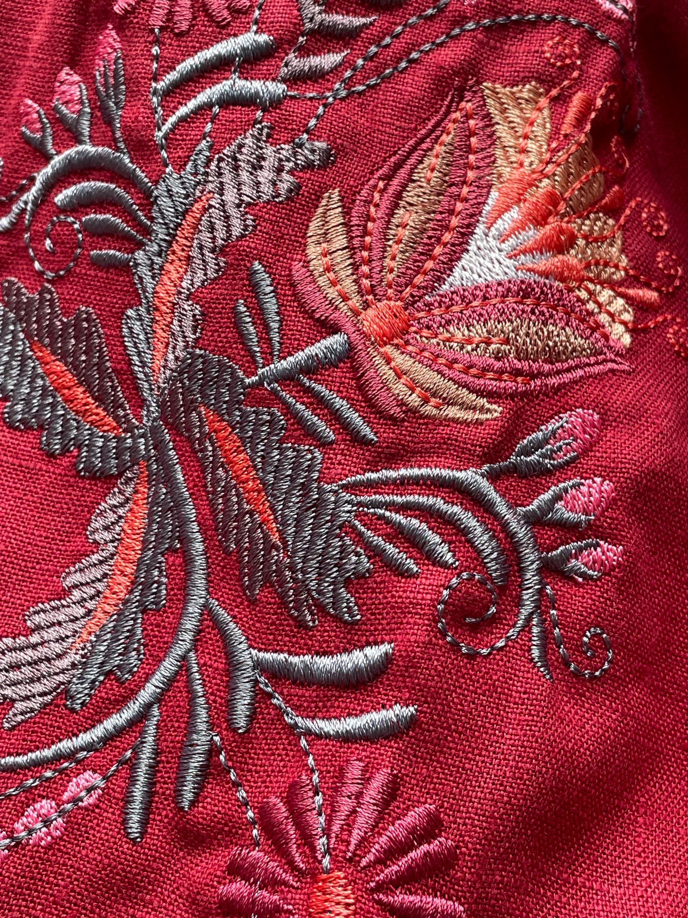 Burgundy Linen Vyshyvanka Blouse | Embroidered Ukrainian Shirt | Petrikivka Floral Embroidery