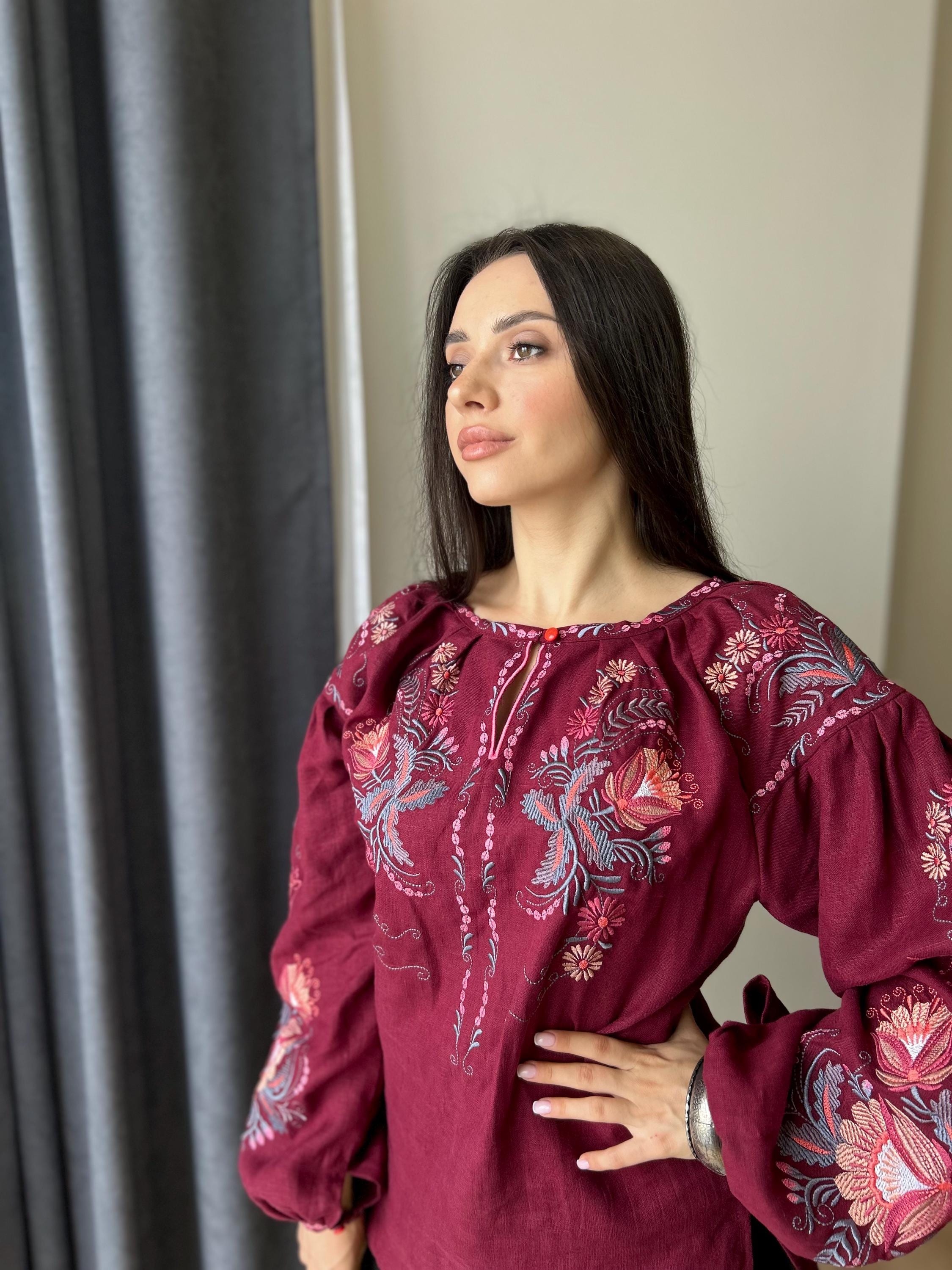 Burgundy Linen Vyshyvanka, Petrykivka Floral Boho Top, Ukrainian Embroidered Blouse, Folk Peasant Shirt
