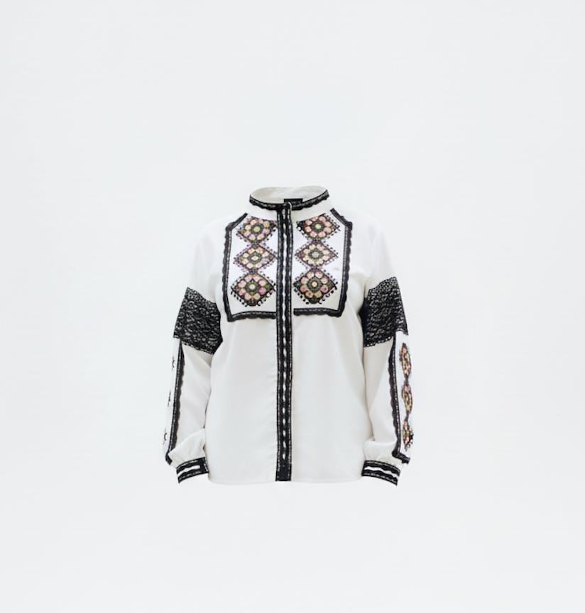White Lace Trim Blouse, Embroidered Shirt Jacket, Snap Button Top, Hutsul Geometric Pattern, Ukrainian Easter Outfit, Custom Size Shacket