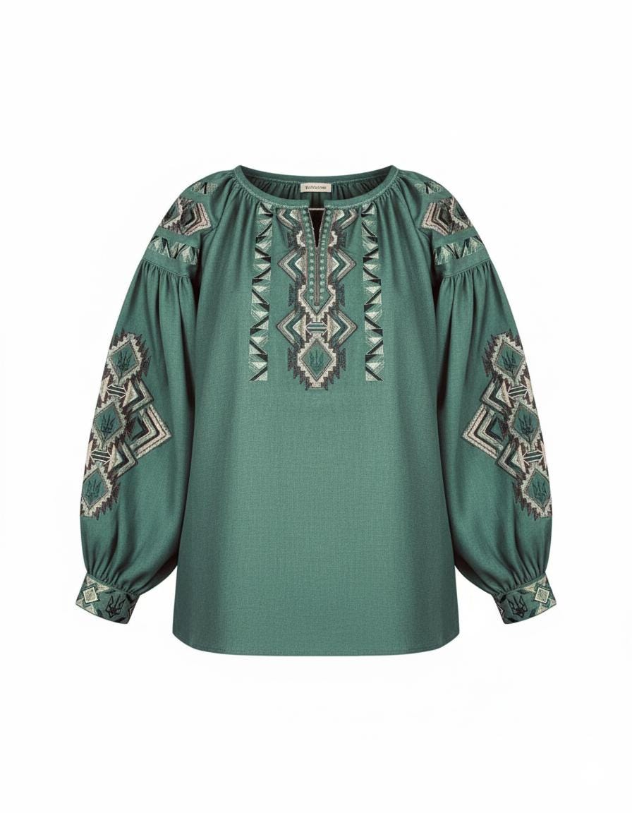 Custom Linen Vyshyvanka Blouse – Sage Green Embroidered Boho Ethno Folk Shirt