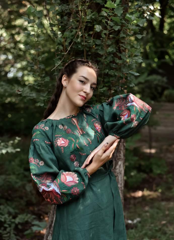 Embroidered Linen Dress for Women | Green Vyshyvanka with Petrykivka Floral Design