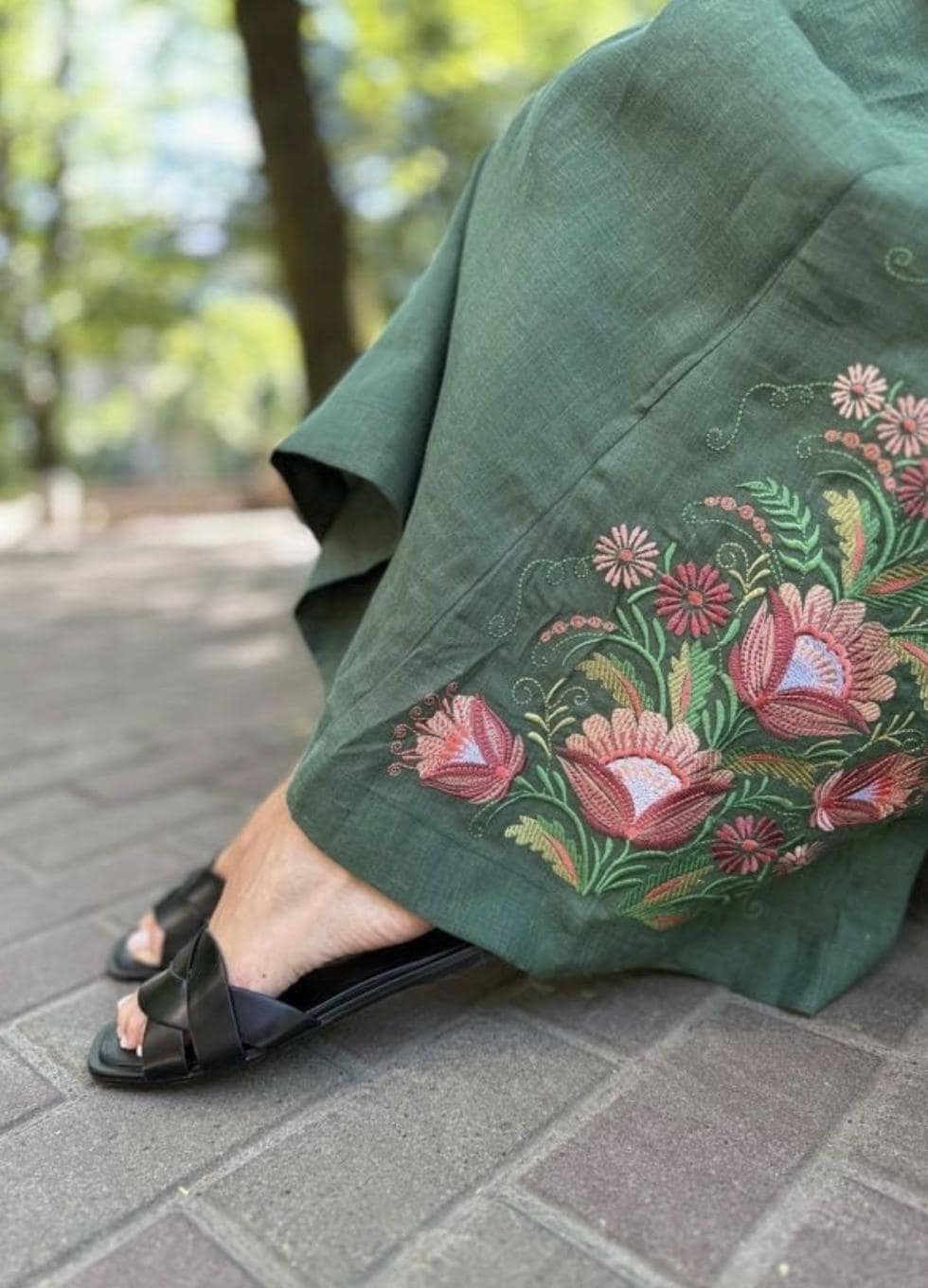 Embroidered Linen Dress for Women | Green Vyshyvanka with Petrykivka Floral Design