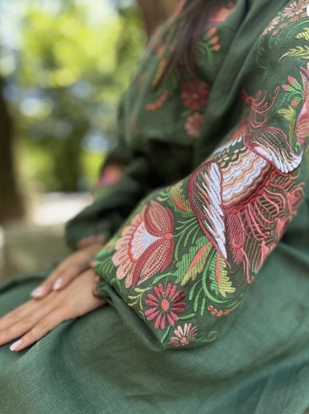 Embroidered Linen Dress for Women | Green Vyshyvanka with Petrykivka Floral Design