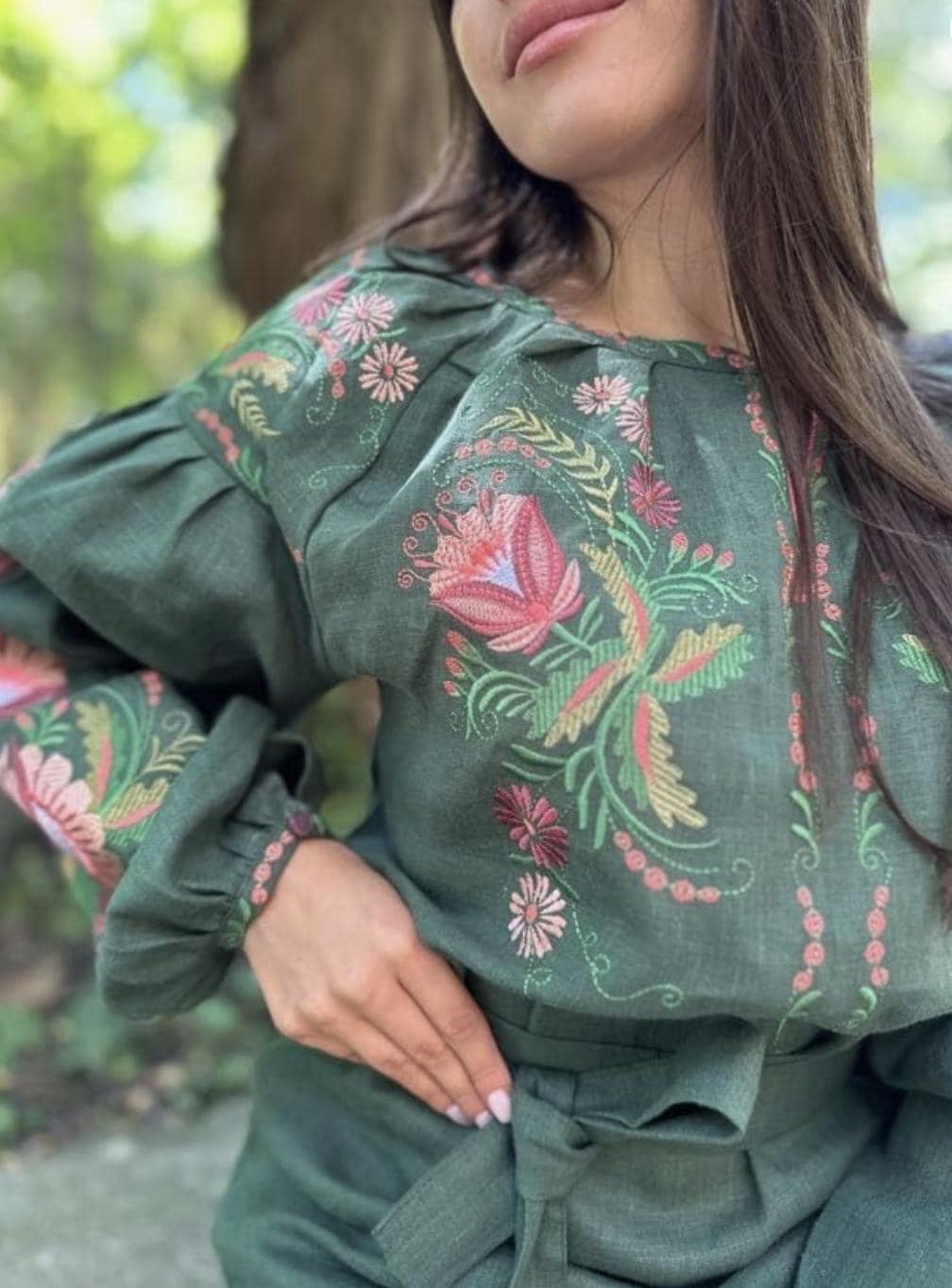 Embroidered Linen Dress for Women | Green Vyshyvanka with Petrykivka Floral Design