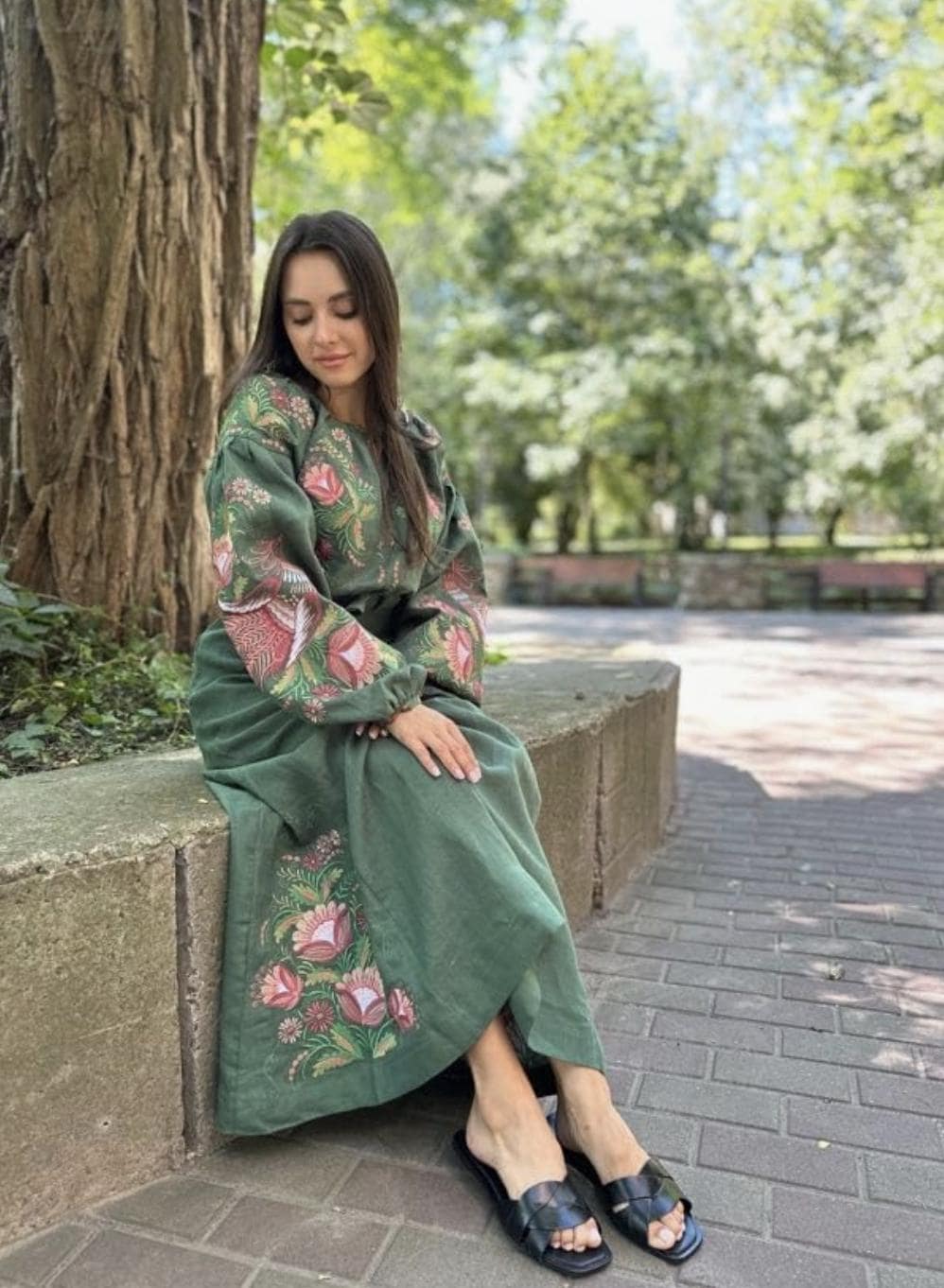 Embroidered Linen Dress for Women | Green Vyshyvanka with Petrykivka Floral Design
