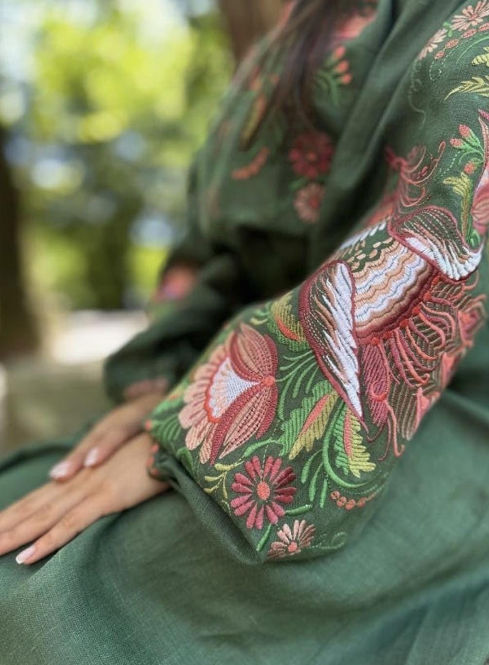 Embroidered Linen Dress for Women | Green Vyshyvanka with Petrykivka Floral Design