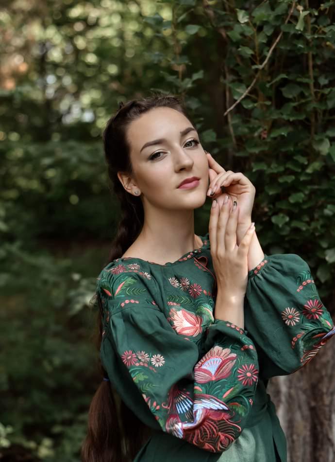 Embroidered Linen Dress for Women | Green Vyshyvanka with Petrykivka Floral Design