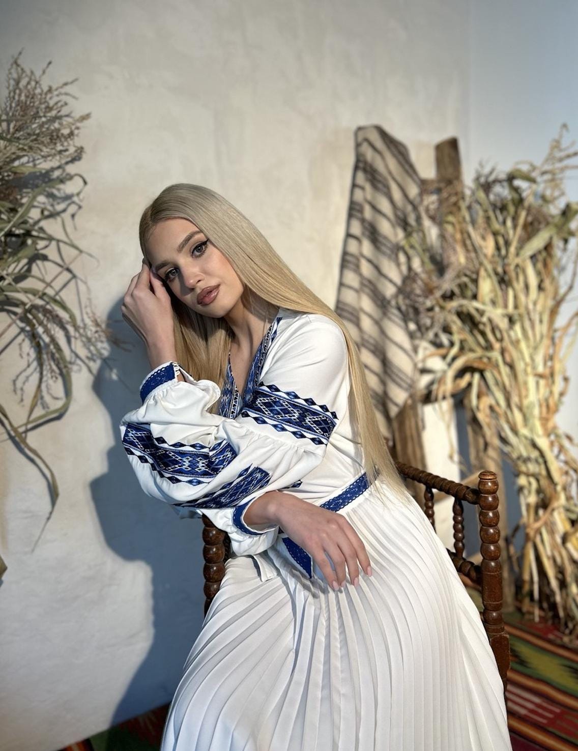 Blue Embroidered Vyshyvanka Dress – Pleated Midi