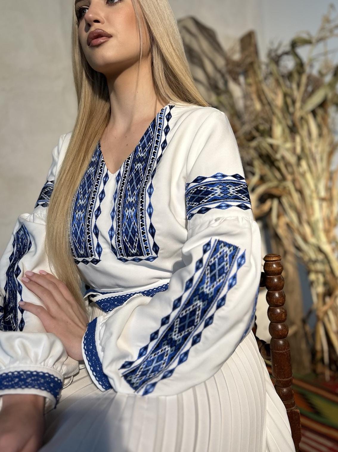 Blue Embroidered Vyshyvanka Dress – Pleated Midi