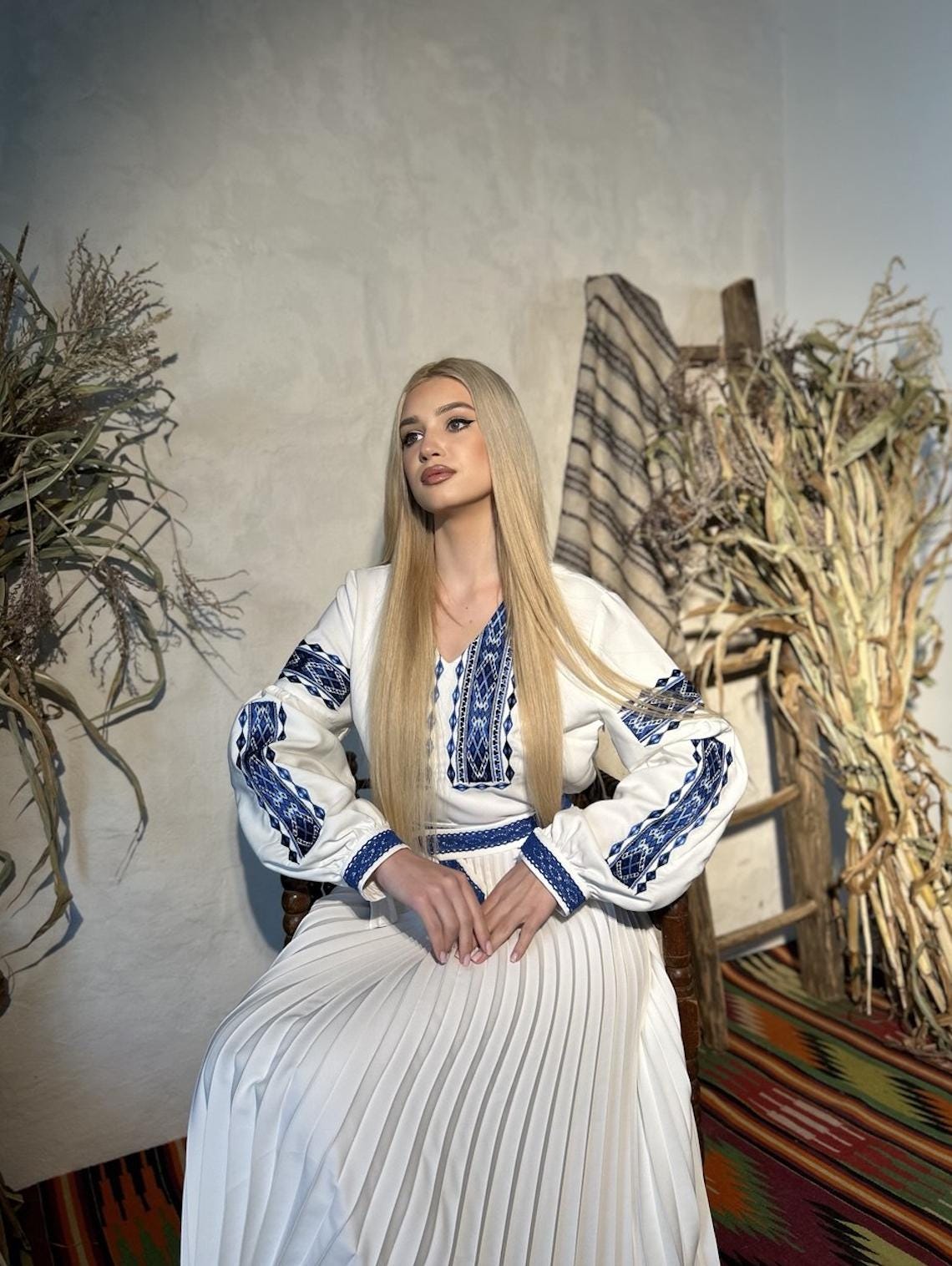 Blue Embroidered Vyshyvanka Dress – Pleated Midi