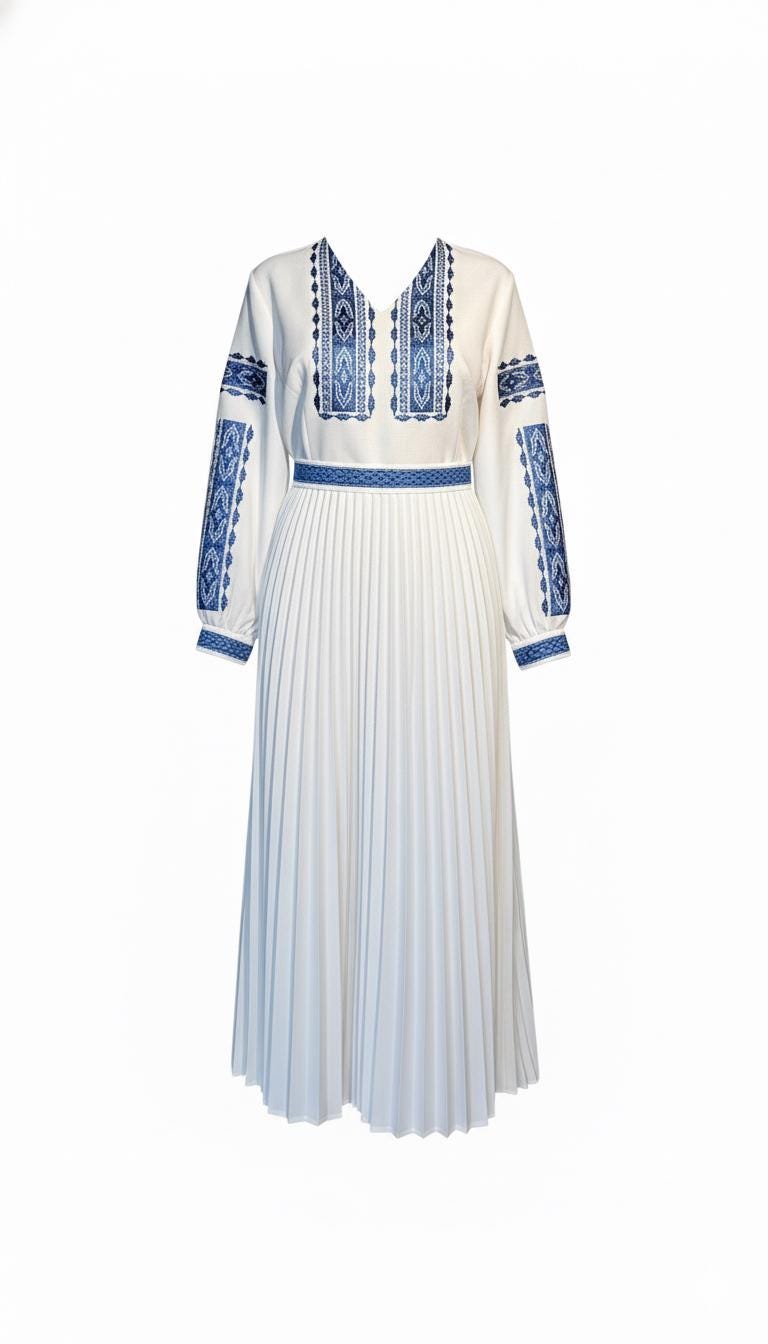 Blue Embroidered Vyshyvanka Dress – Pleated Midi