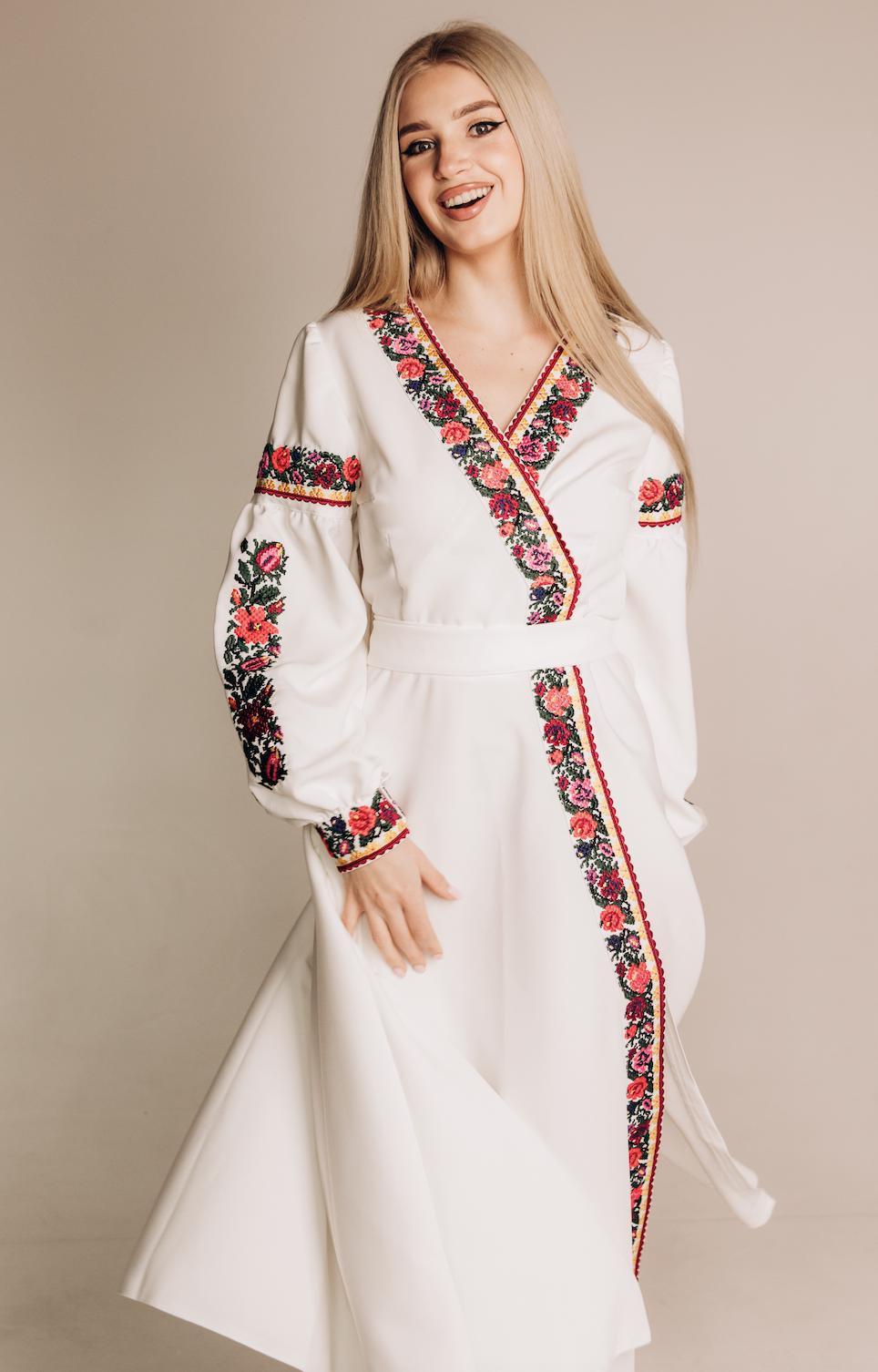 Ukrainian Embroidered Dress for Women | White Vyshyvanka with Bright Borshchiv Pattern | Wedding & Holiday Outfit