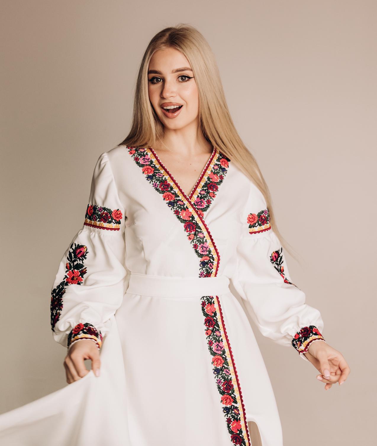 Ukrainian Embroidered Dress for Women | White Vyshyvanka with Bright Borshchiv Pattern | Wedding & Holiday Outfit
