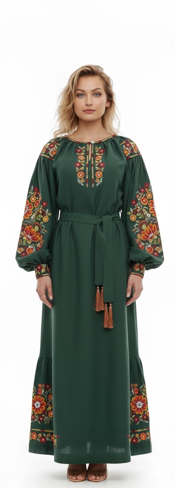 Embroidered Linen Dress for Women | Green Vyshyvanka with Petrykivka Floral Design